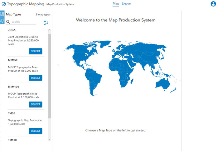 The MPS web app with the Map Types pane The MPS web app with the Map Types pane